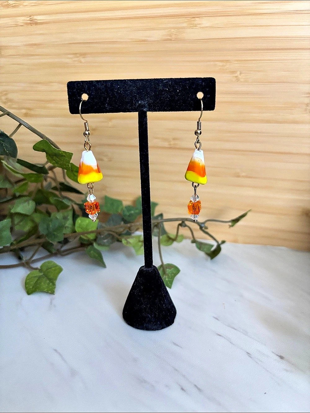 Candy Corn and crystal Drop Earrings